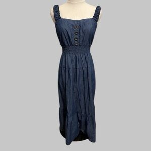 Indigo & Lace Denim Smocked Tiered Midi Sun Dress Coastal Cowgirl Western Size M